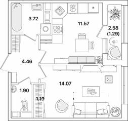 ЖК «Академик», планировка 1-комнатной квартиры, 38.20 м²