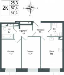 ЖК «Киноквартал», планировка 2-комнатной квартиры, 57.40 м²