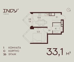 ЖК «Indy Towers», планировка 1-комнатной квартиры, 33.10 м²