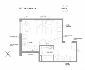 Апарт-комплекс «Well Московский», планировка 1-комнатной квартиры, 35.04 м²