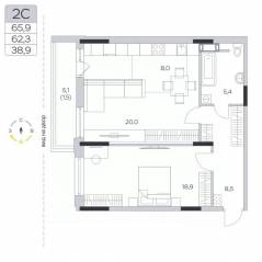 ЖК «Пироговская Ривьера», планировка 2-комнатной квартиры, 62.40 м²