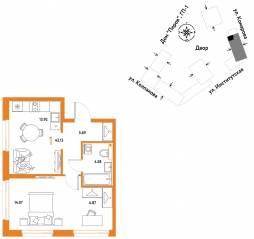 ЖК «Страна.Парковая», планировка 1-комнатной квартиры, 43.13 м²