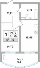 ЖК «Дом-Мегалит в Королёве», планировка 1-комнатной квартиры, 50.50 м²