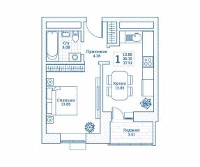 ЖК «Новоград Монино», планировка 1-комнатной квартиры, 38.00 м²