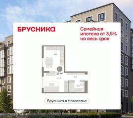 ЖК «Брусника в Новоселье», планировка студии, 35.37 м²