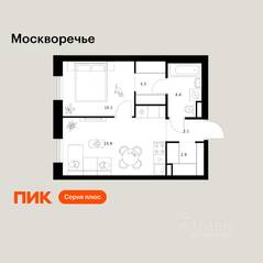 ЖК «Москворечье», планировка 1-комнатной квартиры, 38.70 м²