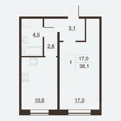 ЖК «Дом на набережной», планировка 1-комнатной квартиры, 38.60 м²