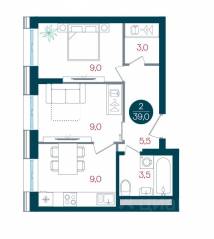 ЖК «Русич Кантемировский», планировка 1-комнатной квартиры, 39.00 м²