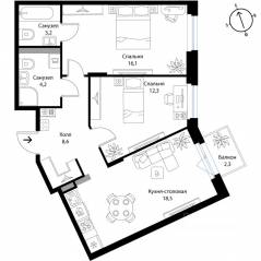 МЖК «Экография», планировка 2-комнатной квартиры, 63.60 м²