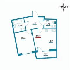 ЖК «Левитан», планировка 1-комнатной квартиры, 39.60 м²