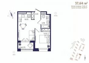ЖК «Ranta Residence», планировка 1-комнатной квартиры, 37.64 м²