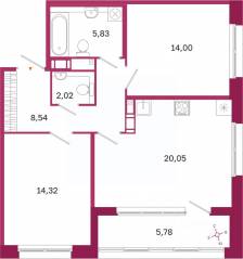 ЖК «Дом на Курской», планировка 2-комнатной квартиры, 67.65 м²