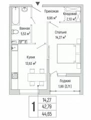 ЖК «Riga Hills», планировка 1-комнатной квартиры, 44.65 м²