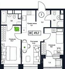 ЖК «Пушкино Град», планировка 2-комнатной квартиры, 49.20 м²