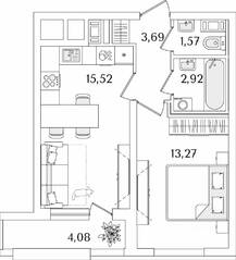 ЖК «Лайнеръ», планировка 1-комнатной квартиры, 39.01 м²