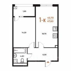 ЖК «Новое Летово», планировка 1-комнатной квартиры, 47.60 м²