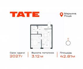 ЖК «TATE», планировка 1-комнатной квартиры, 42.81 м²