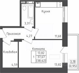 ЖК «Зеленый Оазис-Город», планировка 1-комнатной квартиры, 38.62 м²