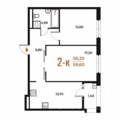 ЖК «Новое Летово», планировка 2-комнатной квартиры, 59.60 м²
