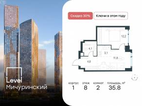 ЖК «Level Мичуринский», планировка 2-комнатной квартиры, 35.80 м²