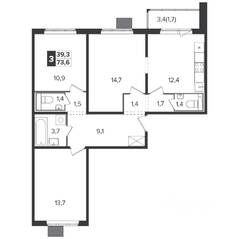 ЖК «Южная Битца», планировка 3-комнатной квартиры, 72.80 м²