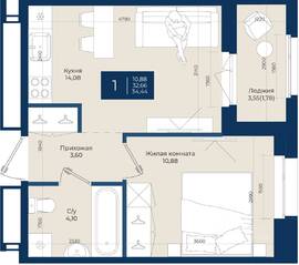 ЖК «Новатория», планировка 1-комнатной квартиры, 34.44 м²
