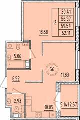МЖК «Образцовый квартал 17», планировка 2-комнатной квартиры, 56.97 м²