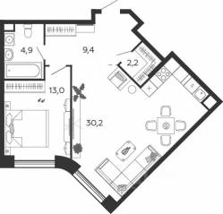 ЖК «Жилой квартал Shagal», планировка 1-комнатной квартиры, 59.70 м²