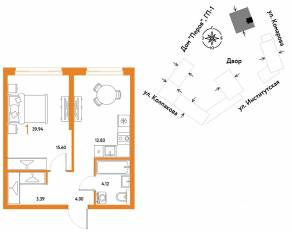 ЖК «Страна.Парковая», планировка 1-комнатной квартиры, 39.94 м²