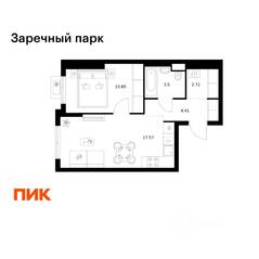 ЖК «Заречный парк», планировка 1-комнатной квартиры, 38.85 м²