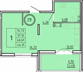 МЖК «Образцовый квартал 16», планировка 1-комнатной квартиры, 37.15 м²