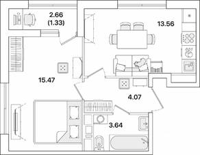ЖК «Академик», планировка 1-комнатной квартиры, 38.07 м²