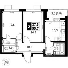 ЖК «1-й Донской», планировка 2-комнатной квартиры, 55.70 м²