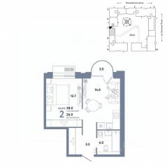 ЖК «Страна.Заречная», планировка 2-комнатной квартиры, 38.00 м²