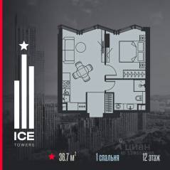 ЖК «ICE Towers», планировка 1-комнатной квартиры, 36.70 м²