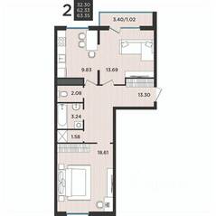 МЖК «Новокасимово», планировка 2-комнатной квартиры, 63.10 м²