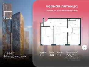 ЖК «Level Мичуринский», планировка 3-комнатной квартиры, 55.20 м²