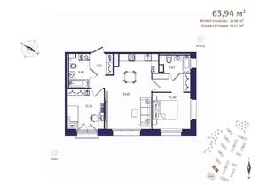 ЖК «Ranta Residence», планировка 2-комнатной квартиры, 63.94 м²