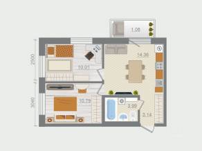 ЖК «Эко-квартал Гармония», планировка 2-комнатной квартиры, 43.37 м²