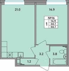 ЖК «Удача», планировка 1-комнатной квартиры, 44.10 м²