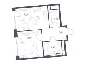 ЖК «Квартал на воде», планировка 1-комнатной квартиры, 37.51 м²