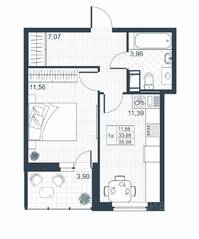 ЖК «Ново-Антропшино», планировка 1-комнатной квартиры, 33.90 м²