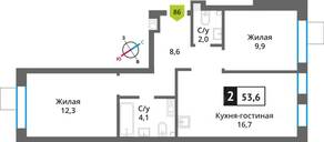 ЖК «Никольский квартал Отрада», планировка 2-комнатной квартиры, 53.60 м²