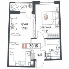 ЖК «Авиатор» (Девяткино), планировка 1-комнатной квартиры, 39.15 м²