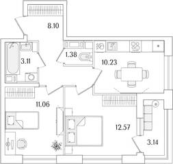 ЖК «Аурум», планировка 2-комнатной квартиры, 48.02 м²