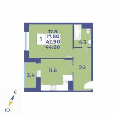 ЖК «Эдельвейс» (ЦентрСтрой), планировка 1-комнатной квартиры, 44.60 м²