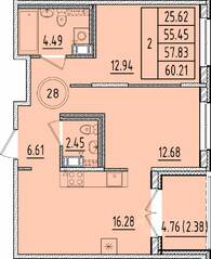 МЖК «Образцовый квартал 17», планировка 2-комнатной квартиры, 55.45 м²