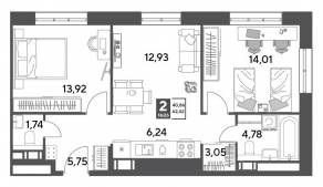 ЖК Арт-квартал «Публицист», планировка 2-комнатной квартиры, 62.42 м²