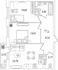 ЖК «Кинопарк», планировка 2-комнатной квартиры, 54.00 м²