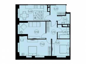 ЖК «31 квартал», планировка 3-комнатной квартиры, 74.00 м²